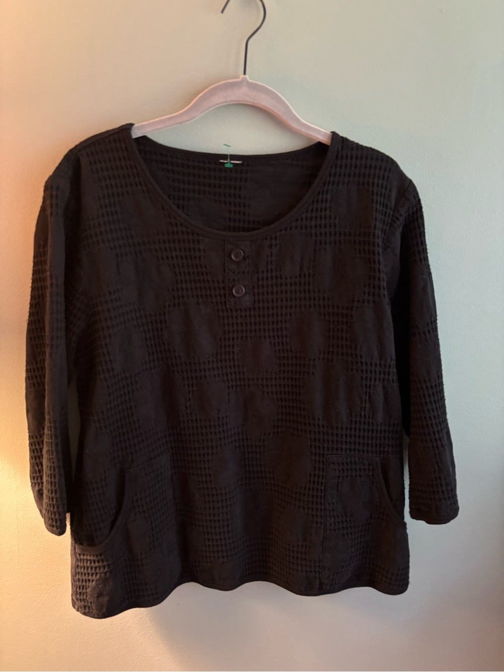 Focus Casual Life Black Cotton Waffle Textured Tunic Top 3/4 Sleeve Style C-569